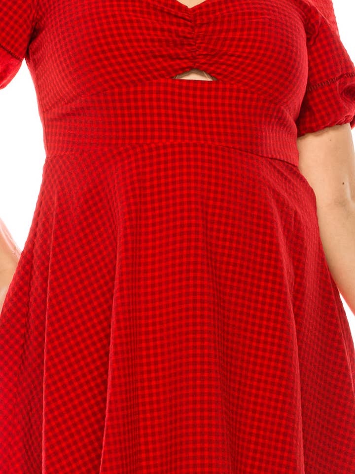 Maison Tara Red Gingham Print Short Puff Sleeve Sweetheart A-Line Dress for wholesale by New Yorker's Apparel