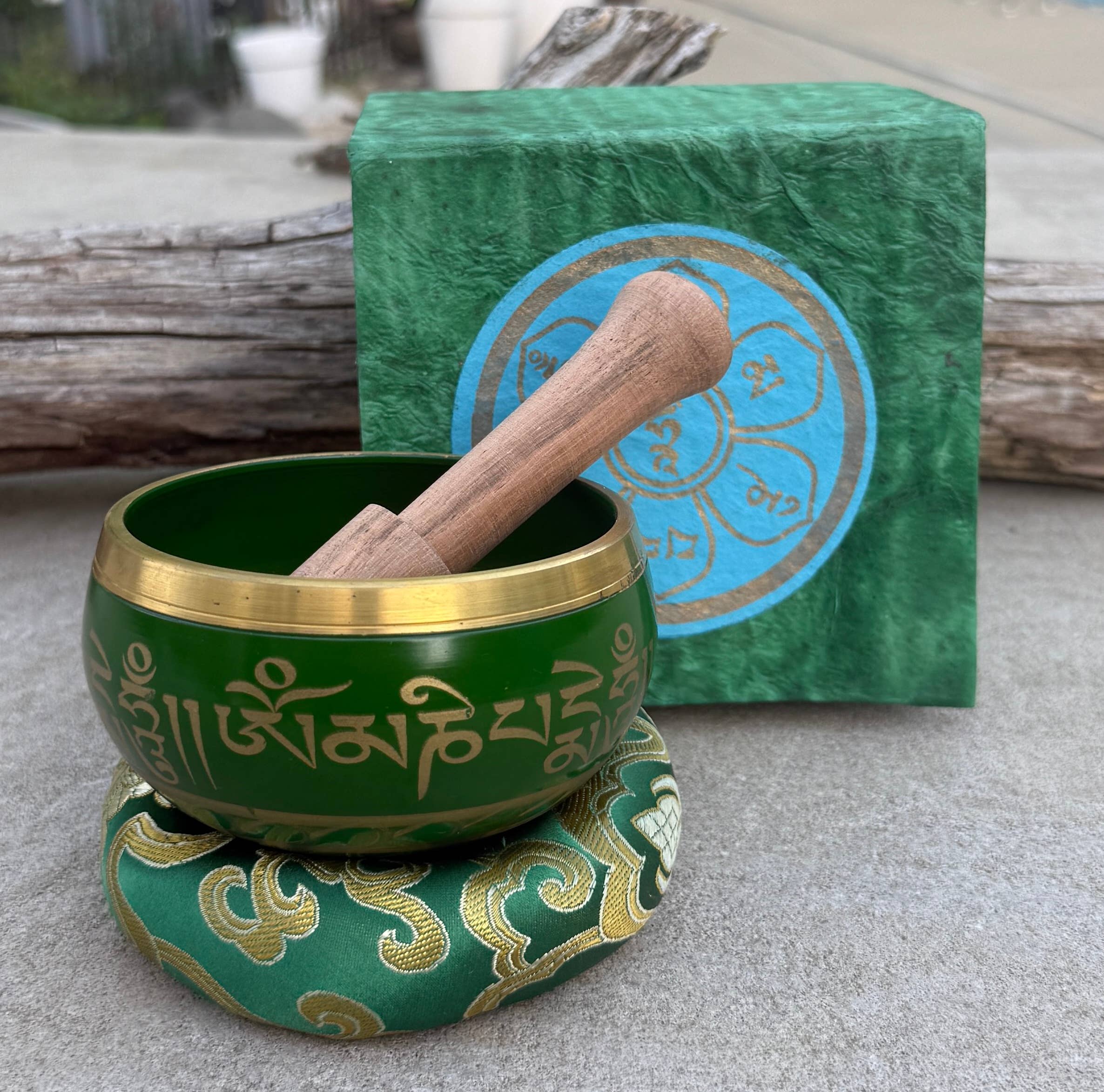 Lungta Imports - Wholesale Meditation Supplies - Tibetan Complete Singing Bowl Gift Box Set with OM Mani Padme Hum Etched Bowl9