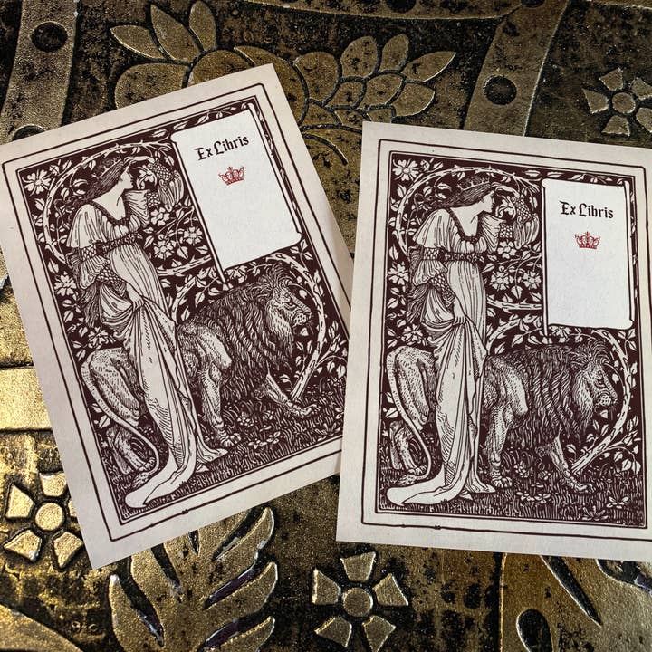 Damen og løven, Ex-Libris bogplader i gummieret papir for engroshandel hos Ebon et Noir LLC