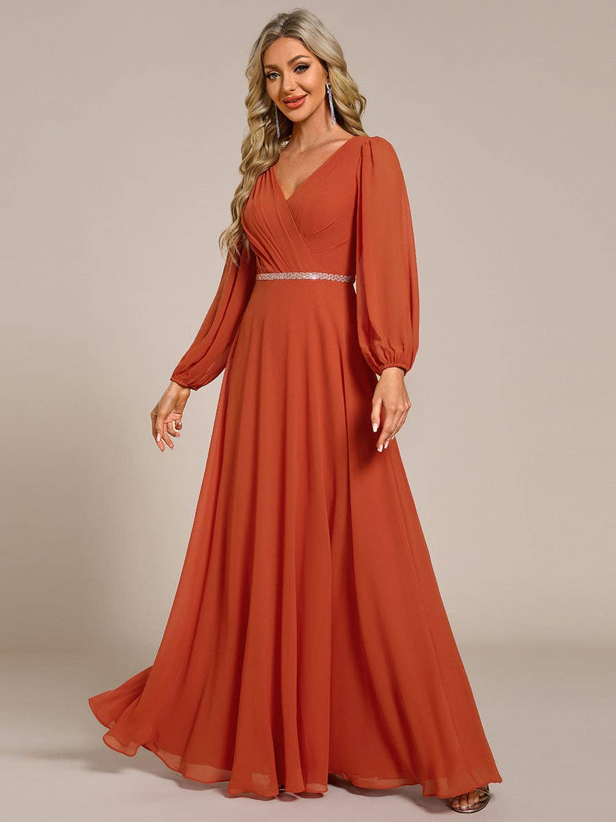 Ever-Pretty - Wholesale Gown - Women's - Elegant waisted chiffon V-neck Long Sleeve guest Dress68