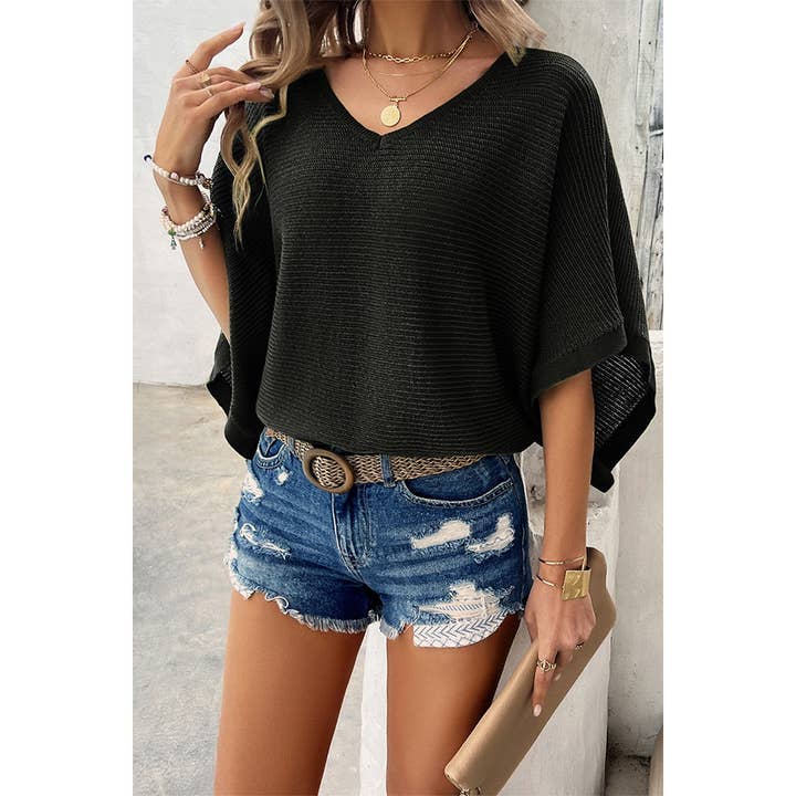 Supreme Fashion - Wholesale Knit Top - Women's - Solid V Neck Knit Loose Fit Bat Sleeves Top