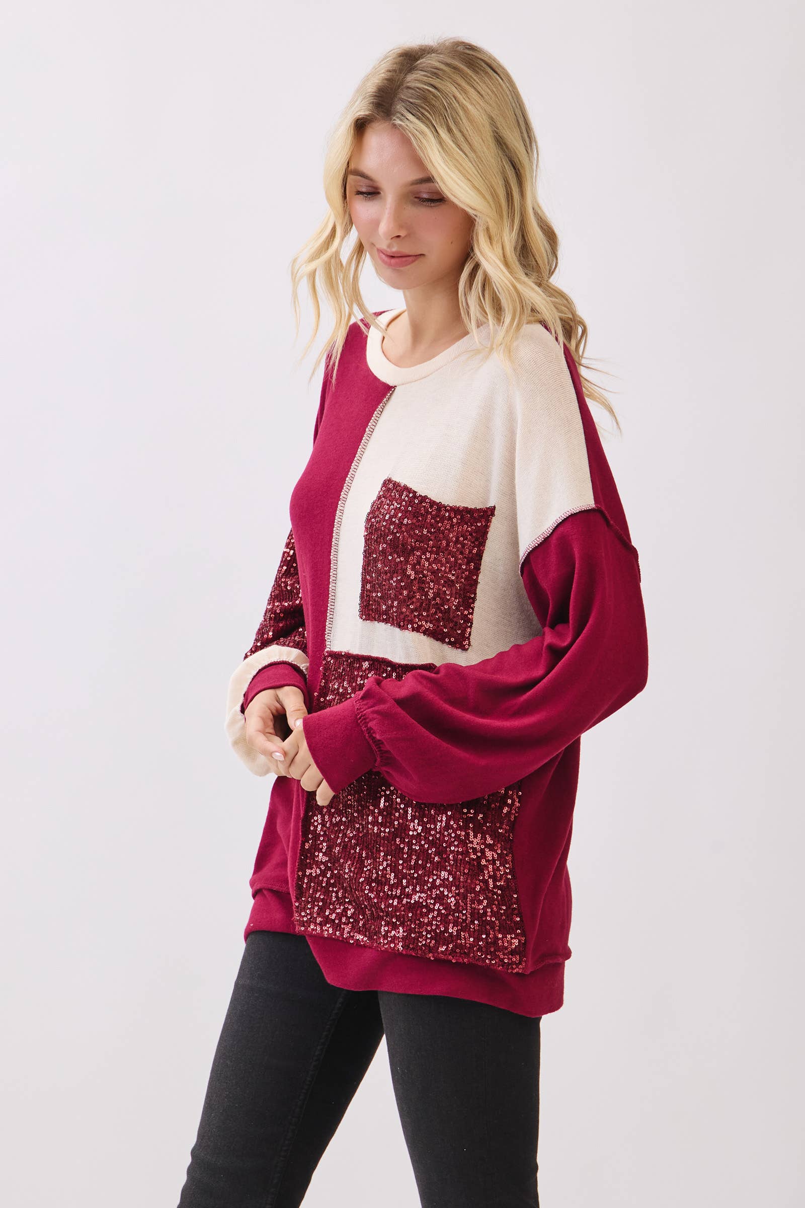 7th Ray – Sweatshirt - Mulher por atacado – Top de Manga Comprida com Bolso Patchwork de Lantejoulas T60608