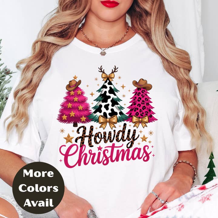 Epic Life - Designed - Wholesale Screen Printed T-Shirt - Women's - Howdy Christmas Shirt or Sweatshirt – Western Cowgirl Christmas Trees Top – Small-4XL Plus Size – Multiple Colors1