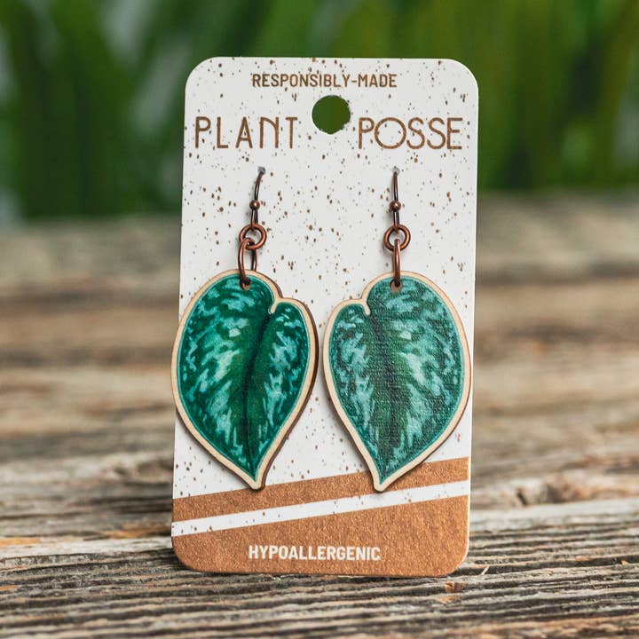 Silver Satin Pothos Dangle Earrings for wholesale by Plant Posse
