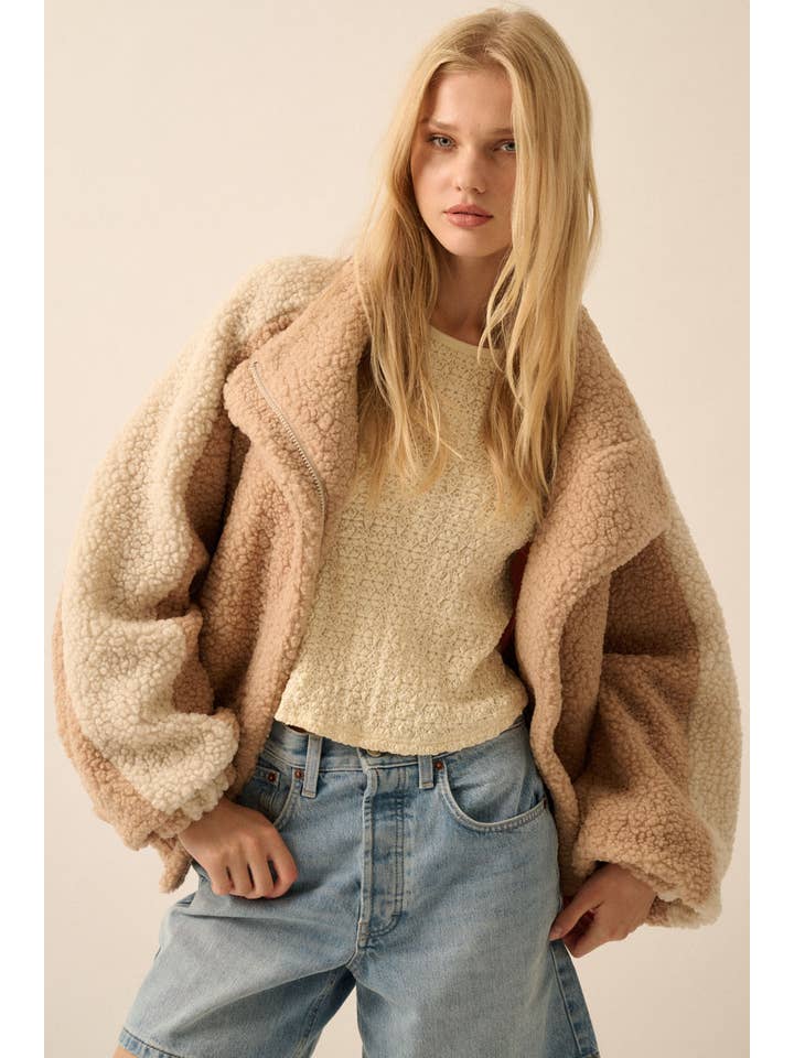 Coconut Milk Camel Colorblock Sherpa Fleece Zip-Up Jacket for wholesale on Faire7