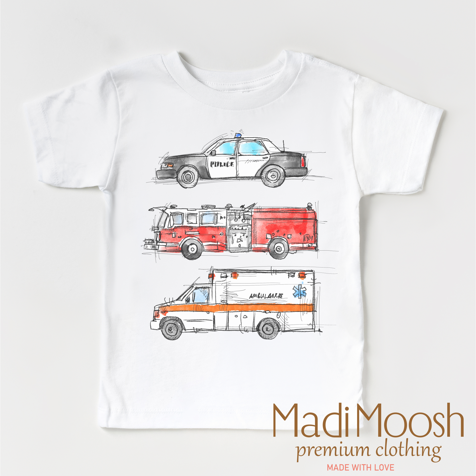 Madi Moosh - Wholesale Screen Printed T-Shirt - Kids - Emergency Vehicle  Shirt - Firefighter Tee1