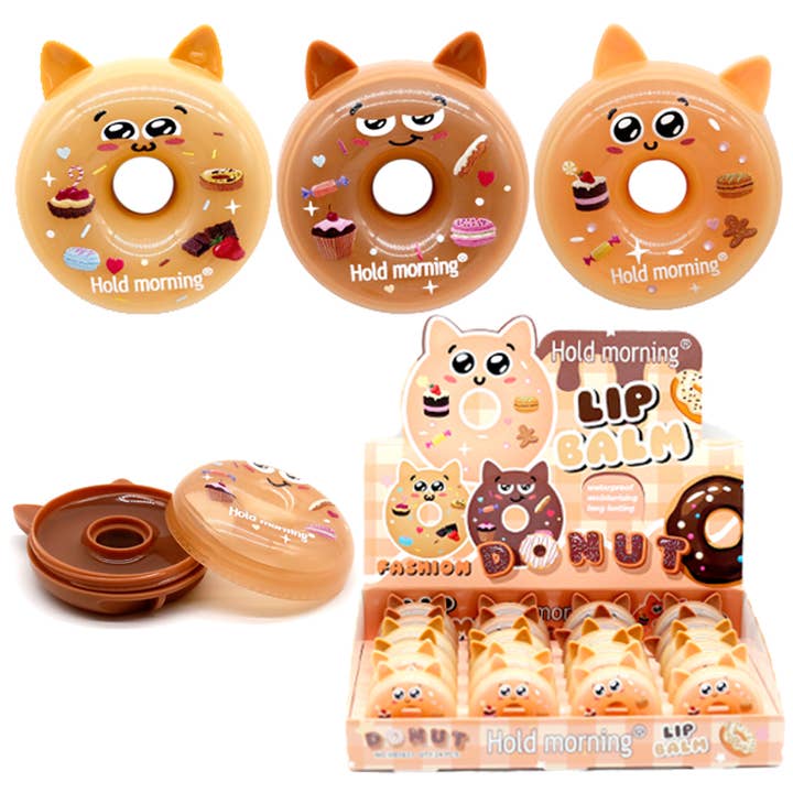 Cap Zone - Wholesale Retailer Display - Beauty & Wellness - Cat Emoji Donut Dessert Lip Balm - 24 pcs