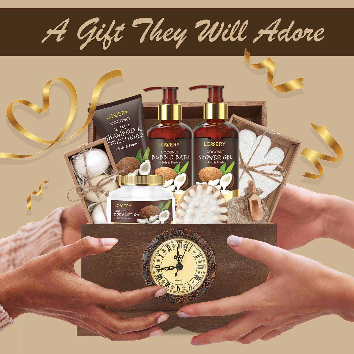 Lovery - Wholesale Bath & Body Set - Bath Gift Set in a Vintage Style Wooden Clock Box, 13pc Set6
