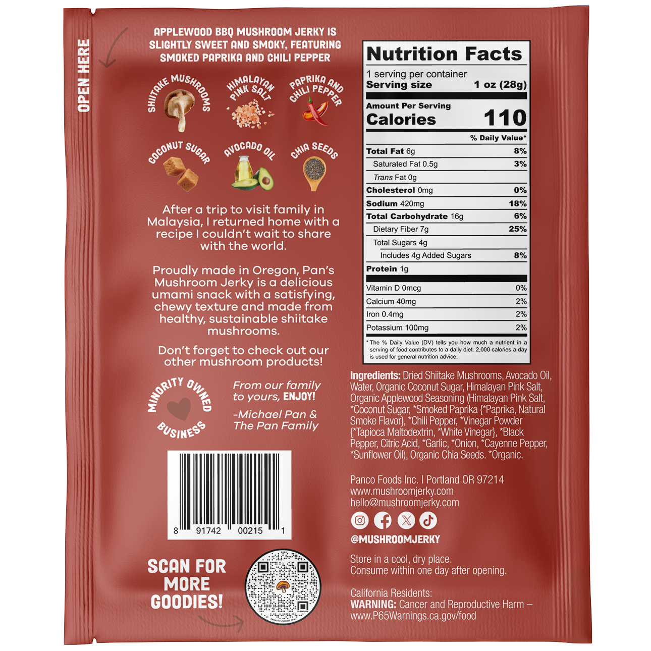 Pan's Mushroom Jerky - Wholesale Jerky - *NEW* 1oz Single Serve | Pan's Mushroom Jerky - Applewood BBQ1