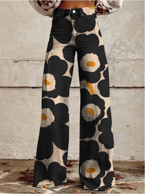 Tourtiwi - Wholesale Jeans - Women's - Imitation Jeans Wide Leg Pants 3D Printed Women's Pants