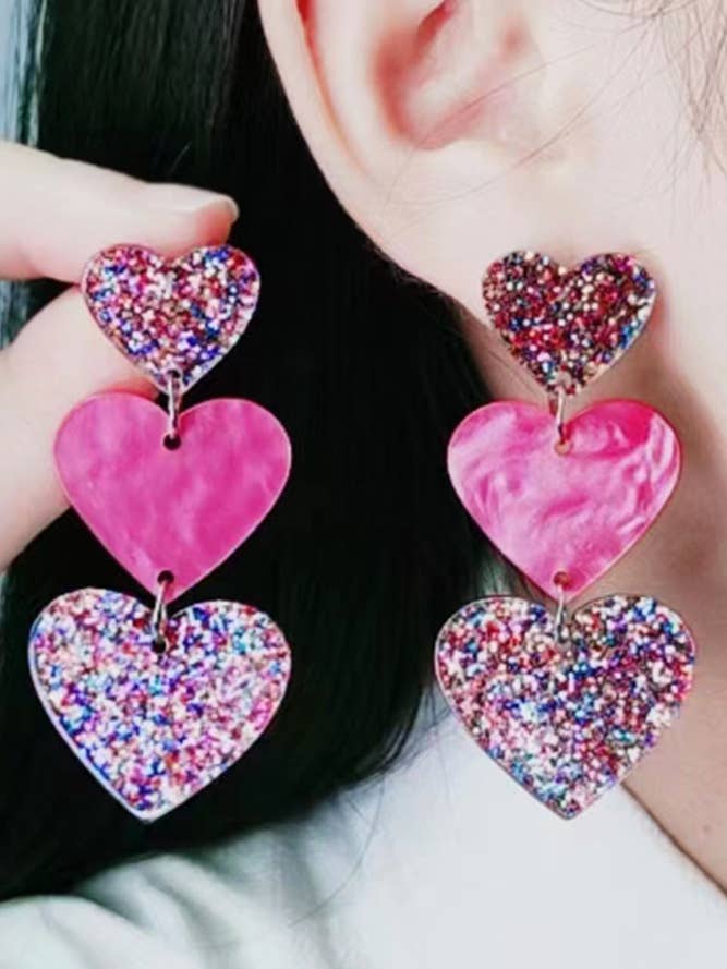 Orecchini Triple Glitter Hearts MOQ 5 pezzi ZK659 per la vendita all'ingrosso da parte di UNISHE