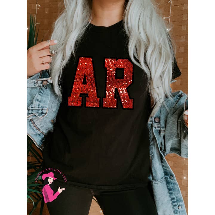 Arkansas Faux Sequin Comfort Colors Gameday Shirt, Woo Pig for wholesale by Johnny and June Tees