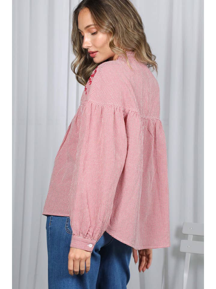 Vine & Love - Wholesale Buttoned-down shirt – Women's - Ruffle Neck Floral Embroidered Gingham Blouse VT828619