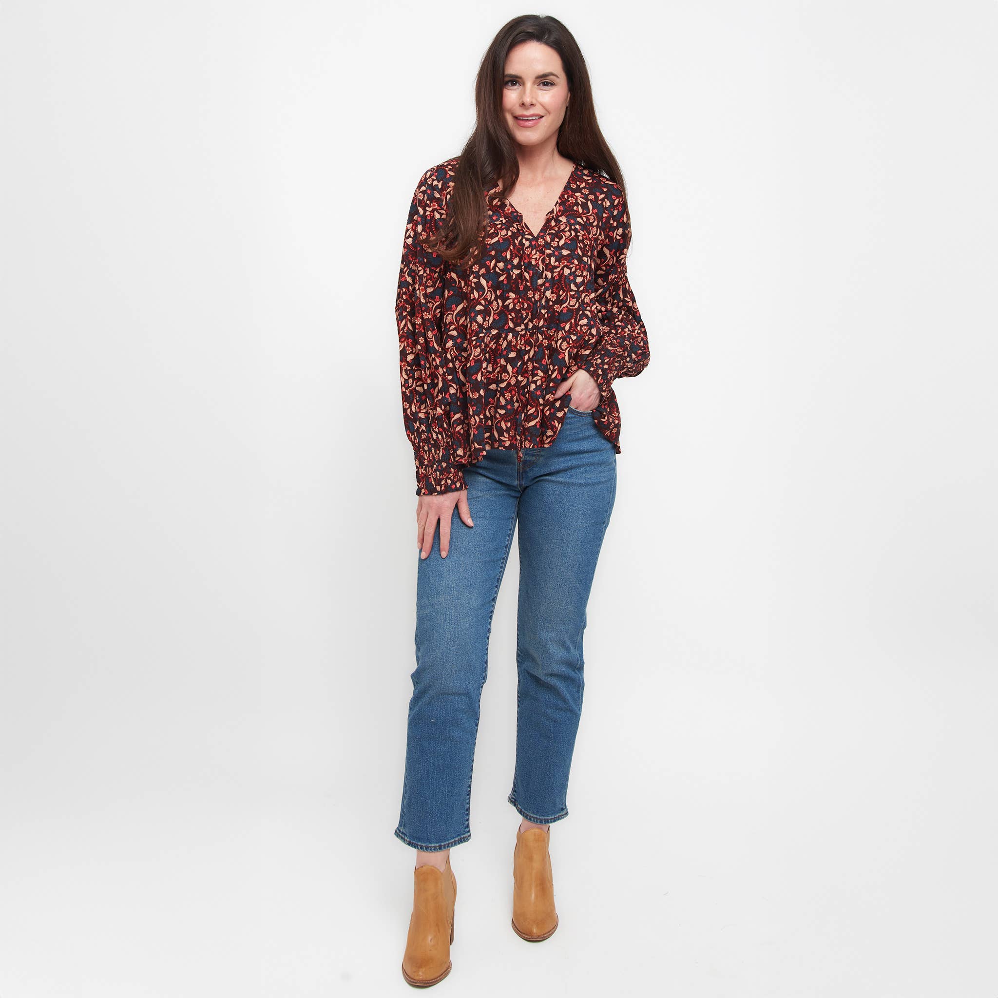 Elsie & Zoey - Vente Chemisier – femme - Blouse à manches longues à volants et col en V avec motif floral Drew7