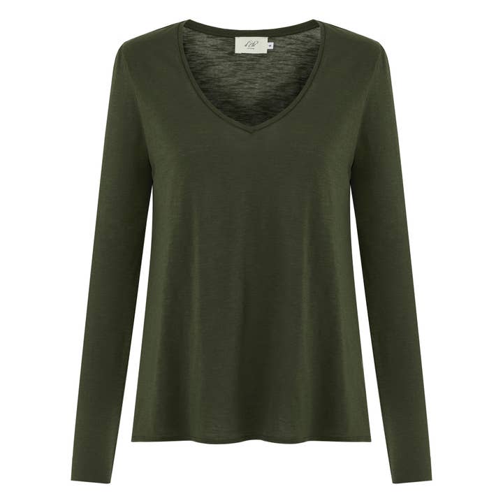 Esterella V Neck T-Shirt L/S R. Green Flame for wholesale by d'Els - Elsa Altaras Nasi und Nasi GbR