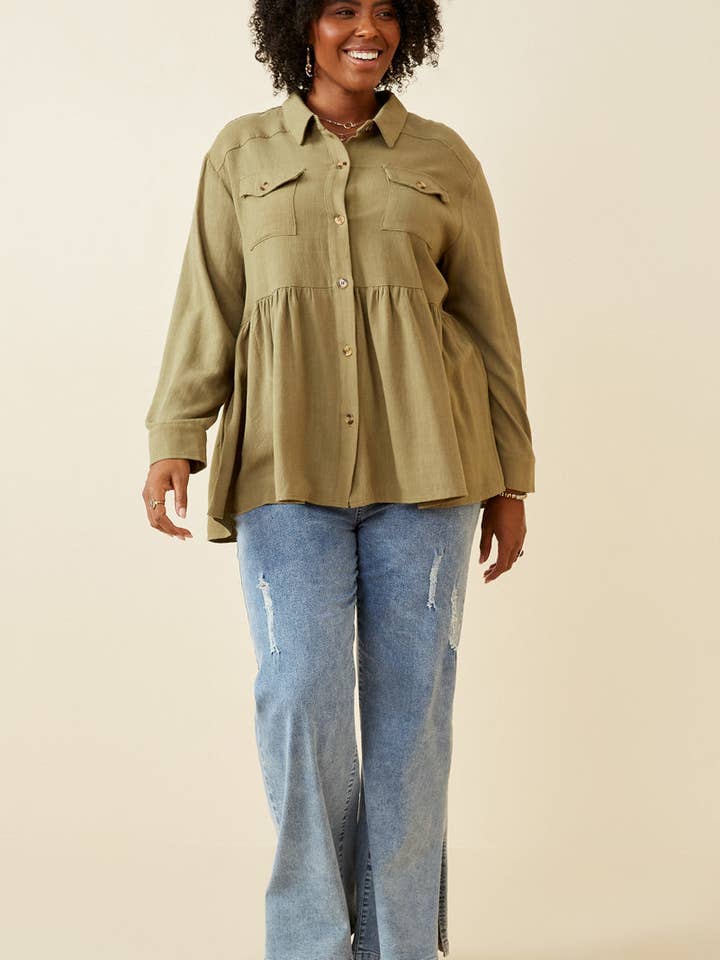 Hayden LA - Wholesale Button Down Shirt - Women's - Womens Linen Blend Peplum Button Up Shirt11