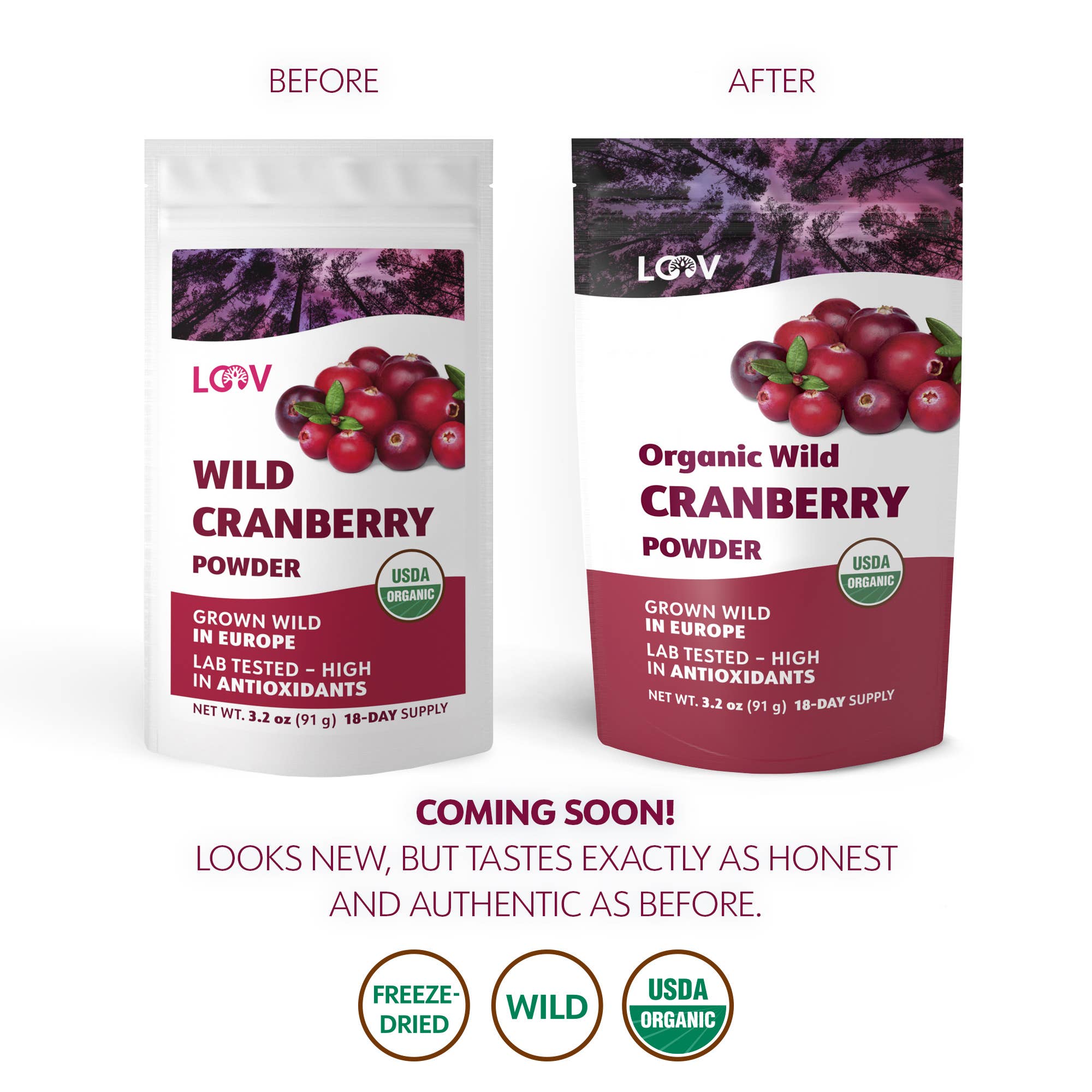 LOOV Organic Superfoods - Wholesale Protein/Superfood Powder - Freeze-Dried Organic Wild Cranberry Powder 3.2 oz7