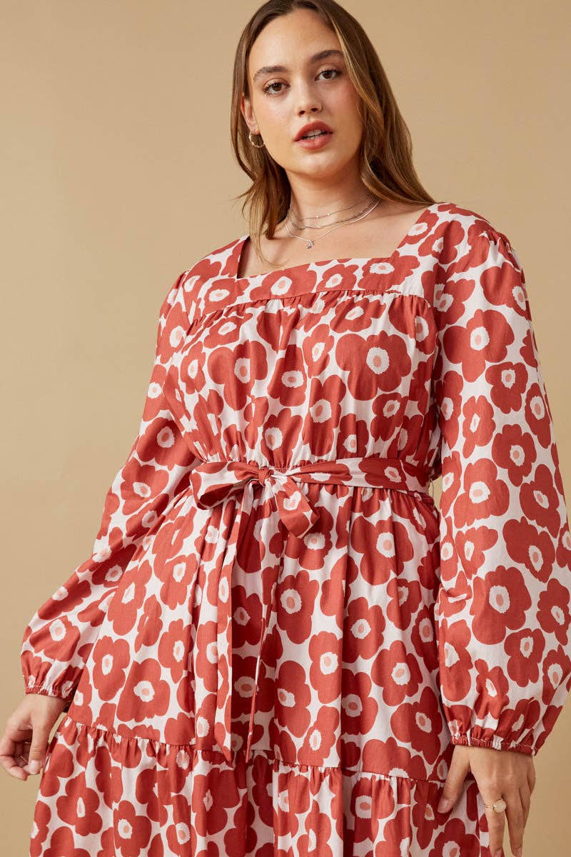 Mauve Womens Bold Floral Print Belted Square Neck Dress for wholesale on Faire7