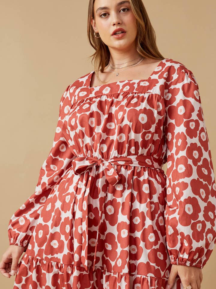 Malva Vestido con cuello cuadrado con cinturón y estampado floral atrevido para mujer de venta al por mayor en Faire7