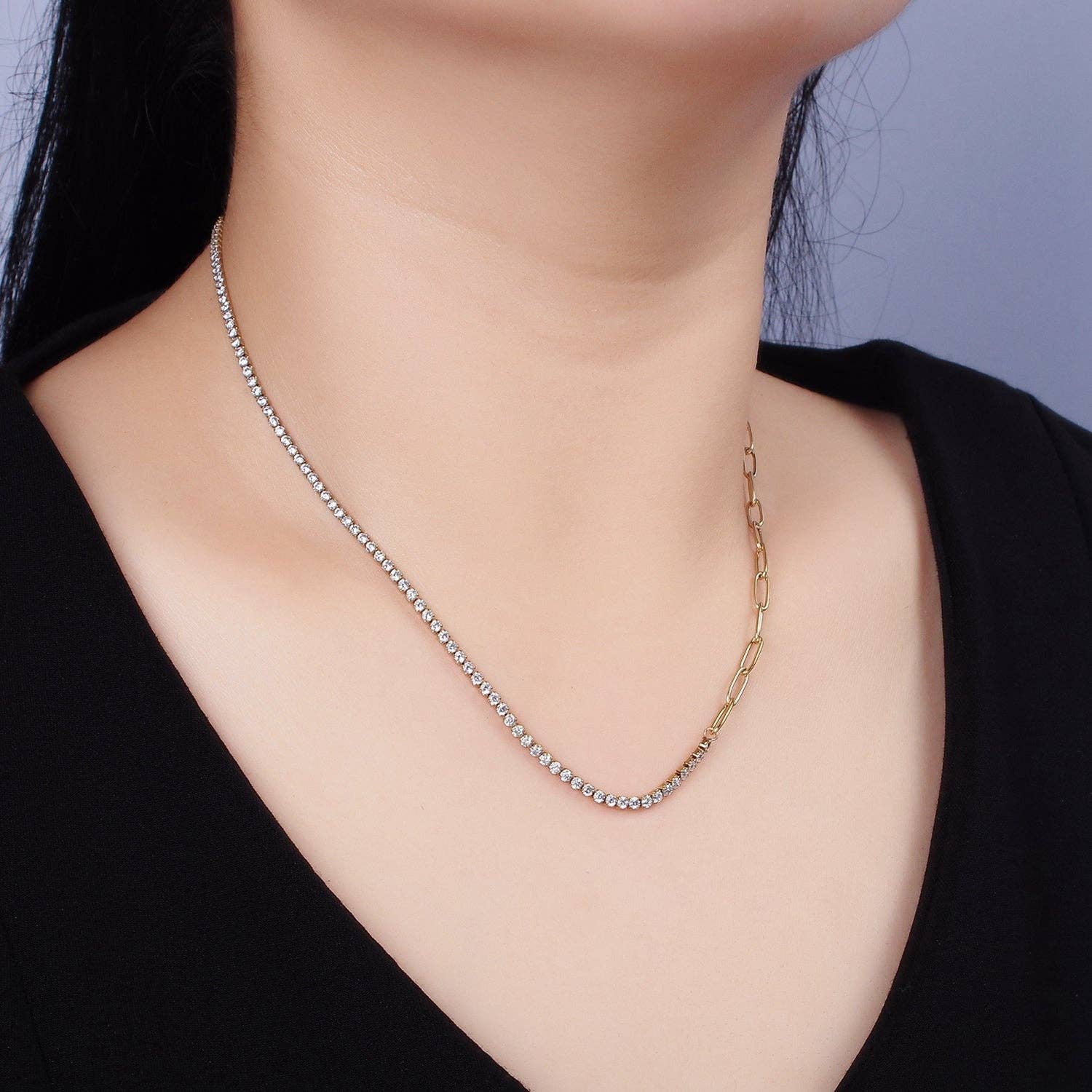 Aim Eternal - Wholesale Link & Chain Necklace - Stainless Steel 3mm Half Paperclip Clear Tennis Chain 15.5 Inch Choker Chain Necklace | WA-20463