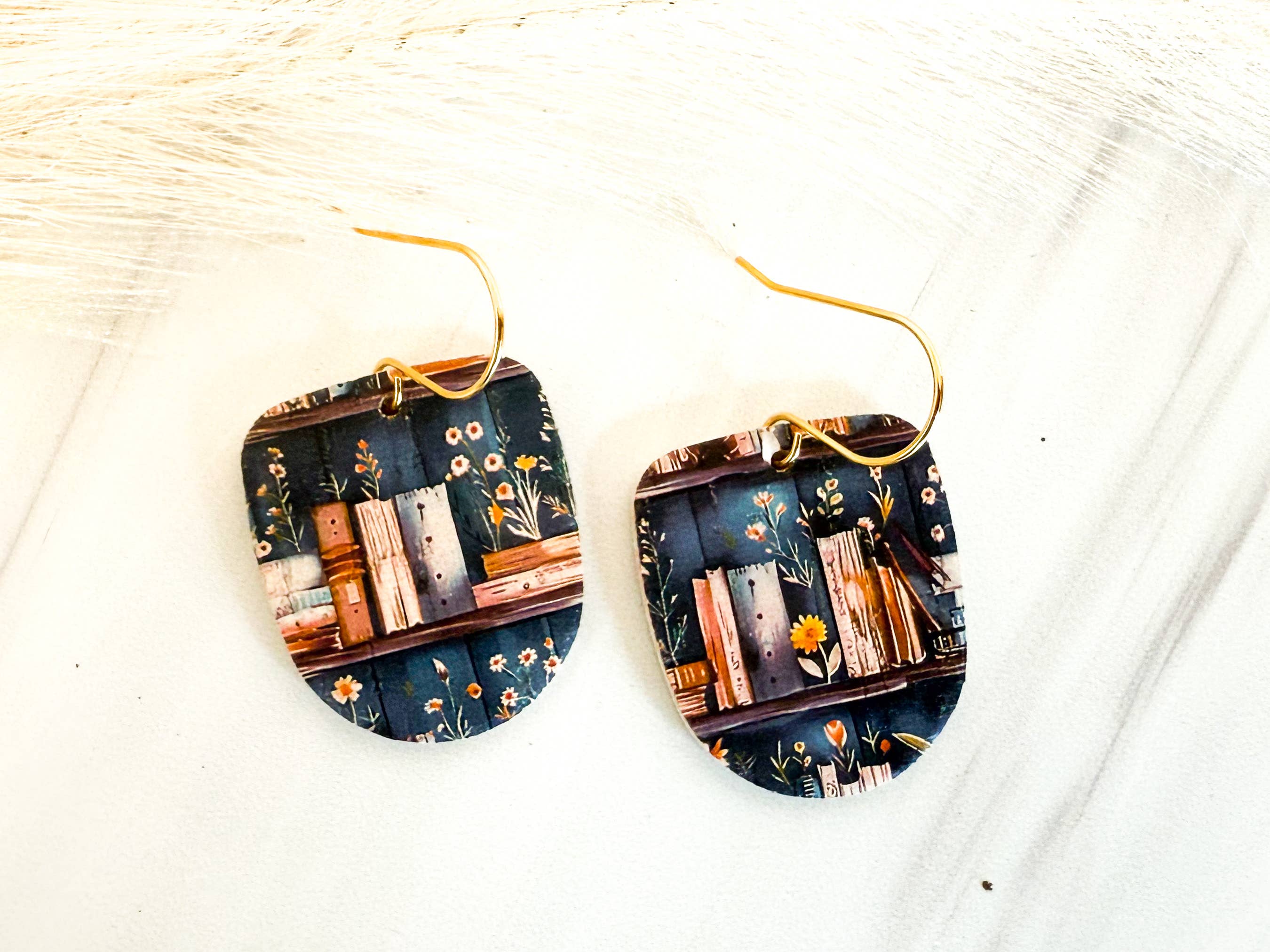 Fran and Bel - Wholesale Dangle Earrings - Navy Book Print  U-Shaped Leather Earrings1