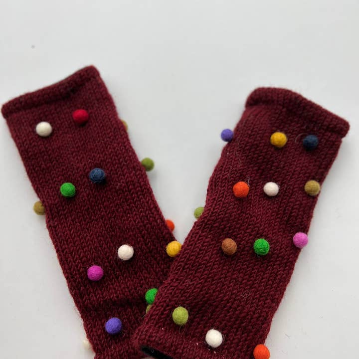 NURBU INC. – Luvas - Mulher por atacado – Luvas sem Dedos de Lã Bordô com Pompom