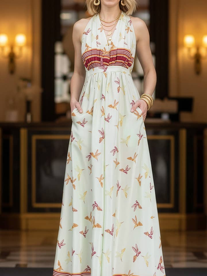 Helene Caftan - Mint Hummingbirds Silk for wholesale by Everyday Ritual