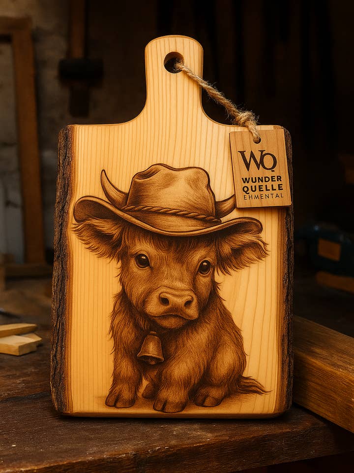 Rustiek snijplank – „Cowboy-kalfje“ voor wholesale door Wunderquelle Emmental