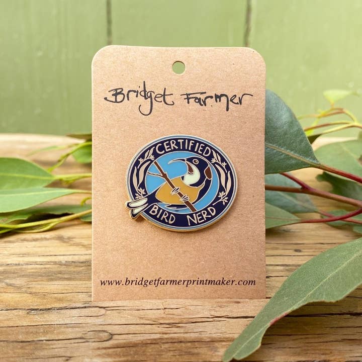Bridget Farmer Printmaker - Wholesale Lapel pin/button - Certified Bird Nerd - Enamel Pin1