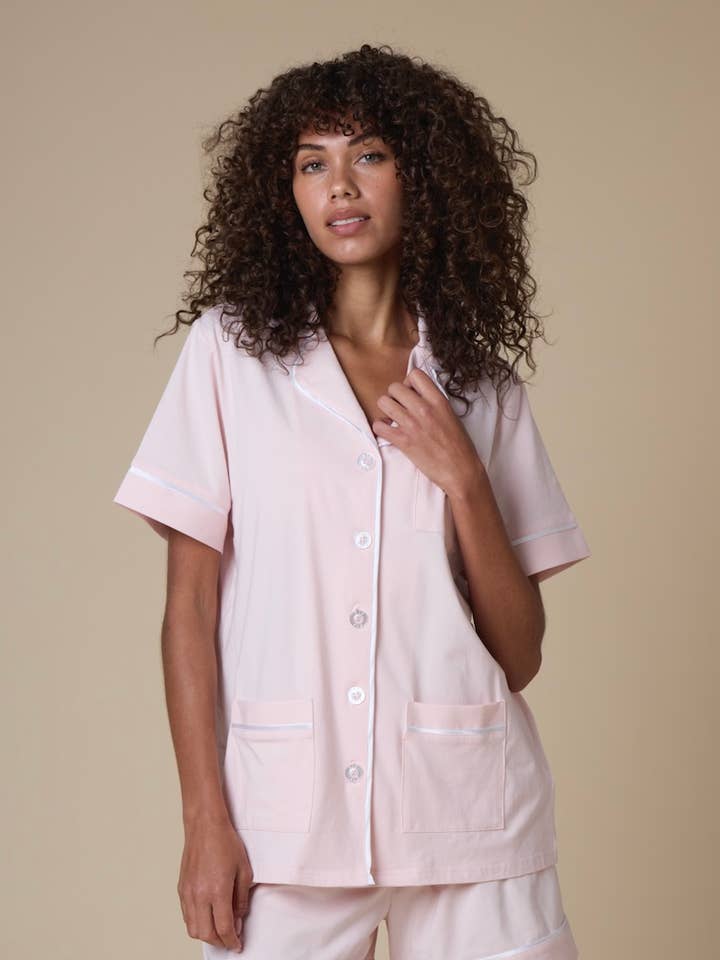 Set corto Luxe in cotone elasticizzato in peonia rosa per la vendita all'ingrosso da parte di KIP Sleepwear