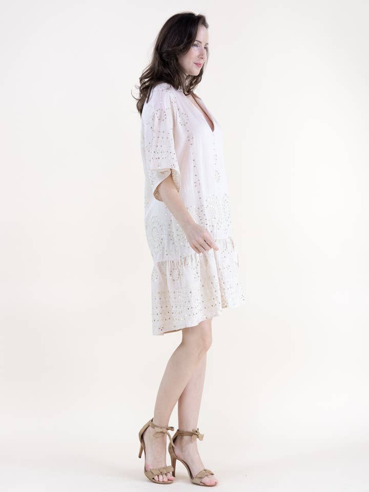 Medallion Embroidered Sequin Drop Waist Mini Dress for wholesale by Original USA