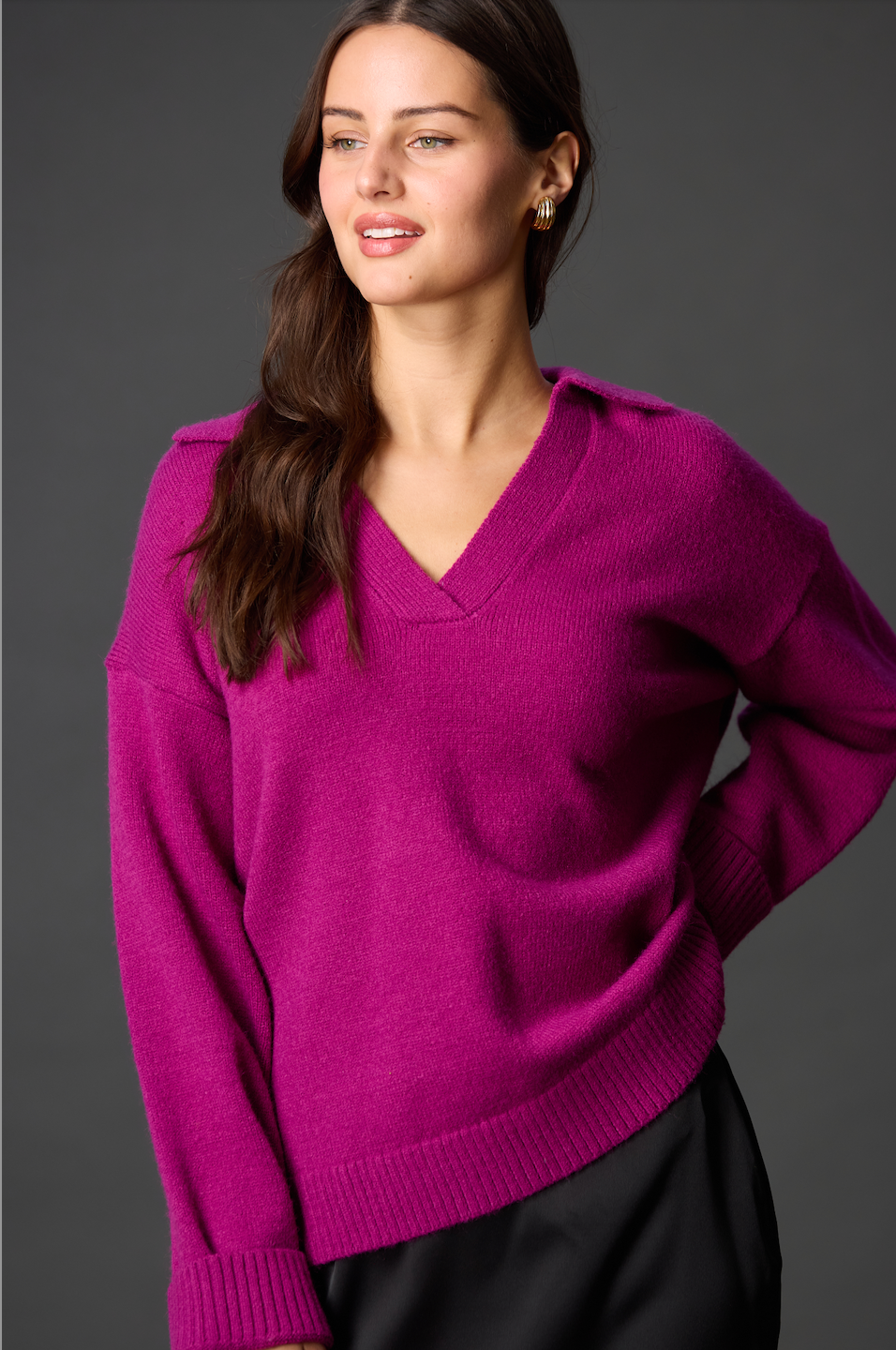 Dark Raspberry Knit Collared V Neck Ribbed Border Sweater Top	 for wholesale on Faire3