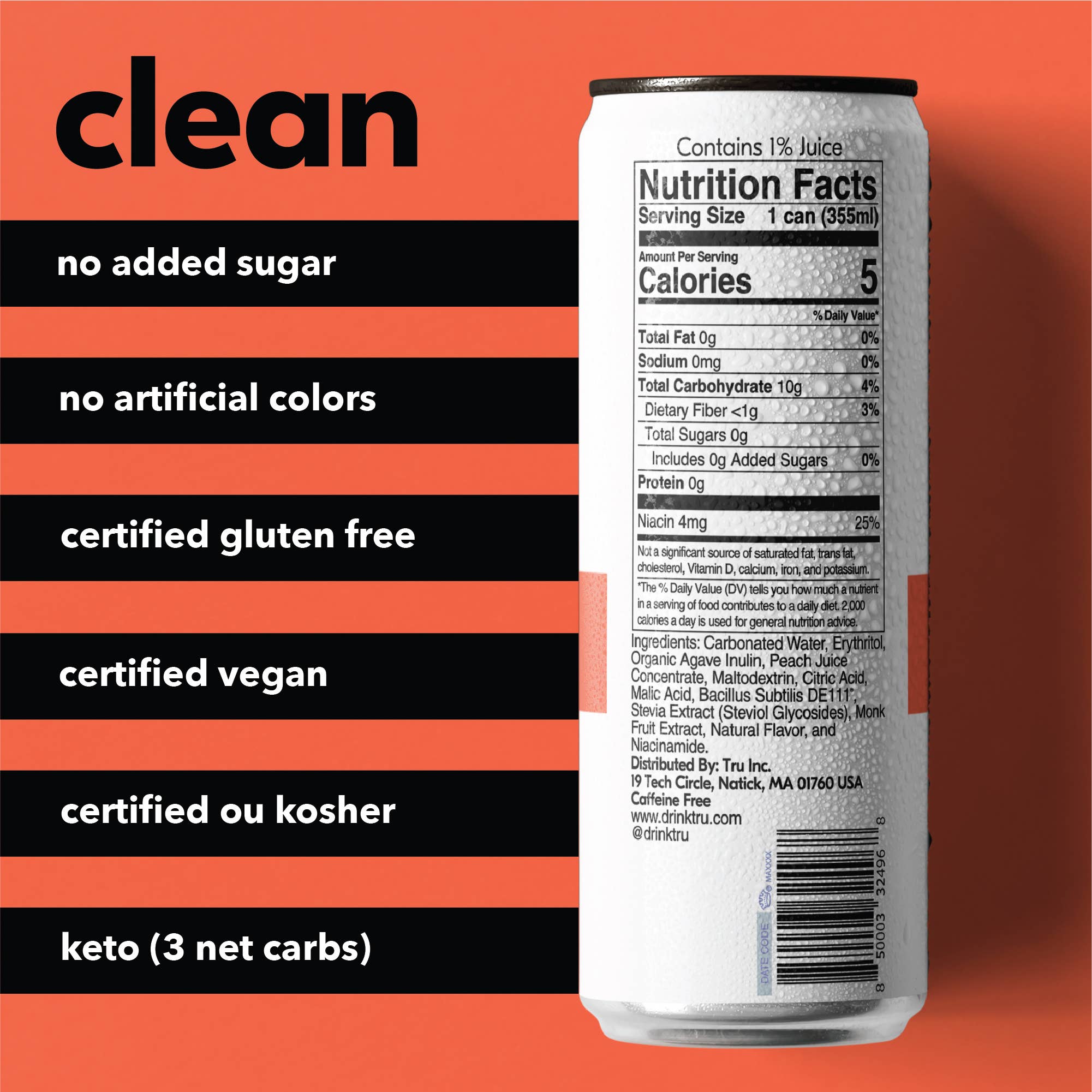 Tru - Wholesale Sparkling Water - Tru Gut Sparkling Drink, Peach (Pack of 12)1