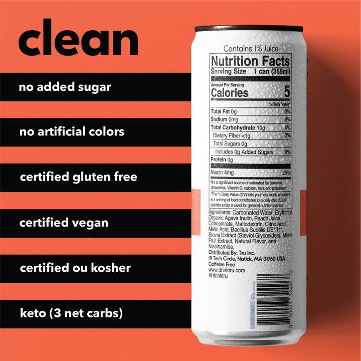 Tru - Wholesale Sparkling Water - Tru Gut Sparkling Drink, Peach (Pack of 12)1