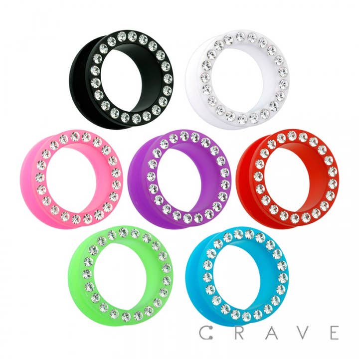 ACRYLIC SCREW FIT TUNNEL WITH CRYSTAL PAVED RIM for wholesale by CRAVE BODY JEWELRY