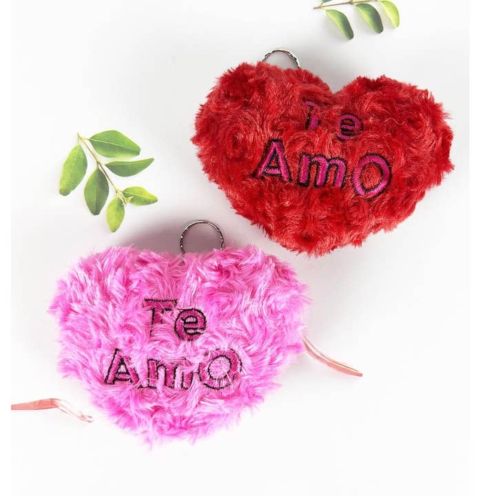 HEART SHAPED SOFT FUR KEYCHAIN WITH TE AMO PRINT for wholesale by JHP Collection