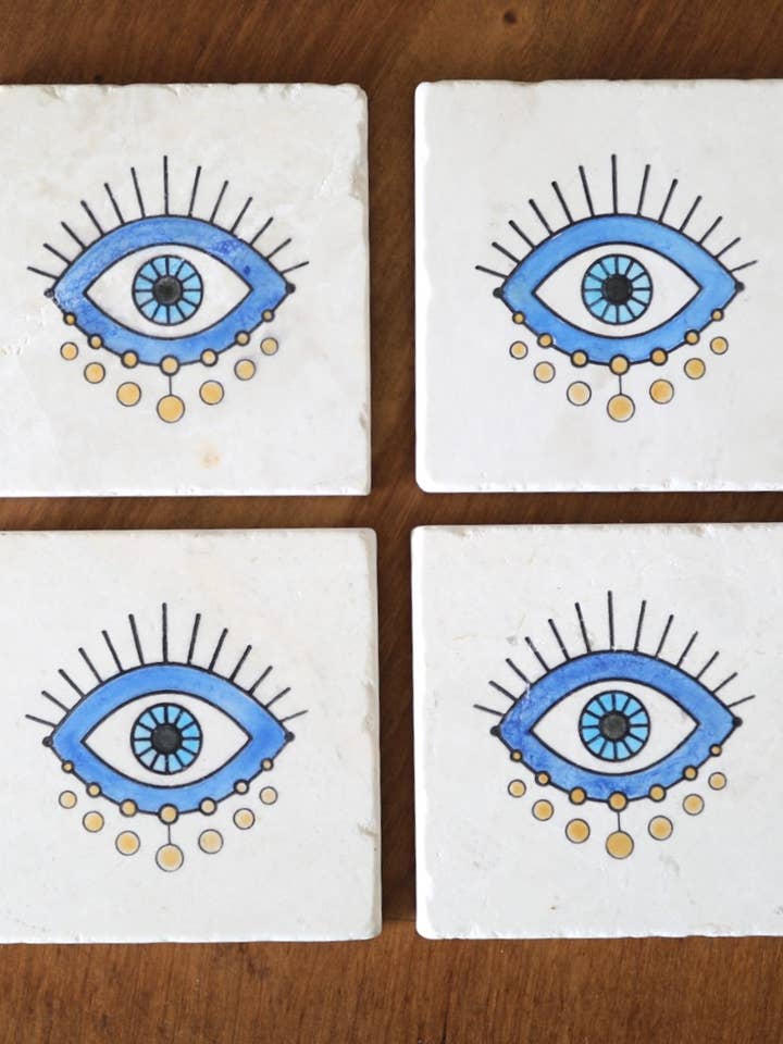 Evil Eye Painted Marble Coasters for wholesale by Lace, Grace & Peonies Marble Coasters