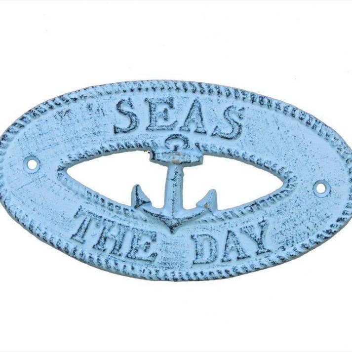 Dark Blue Whitewashed Cast Iron Seas the Day with Anchor Sign 8" for wholesale by Hampton Nautical