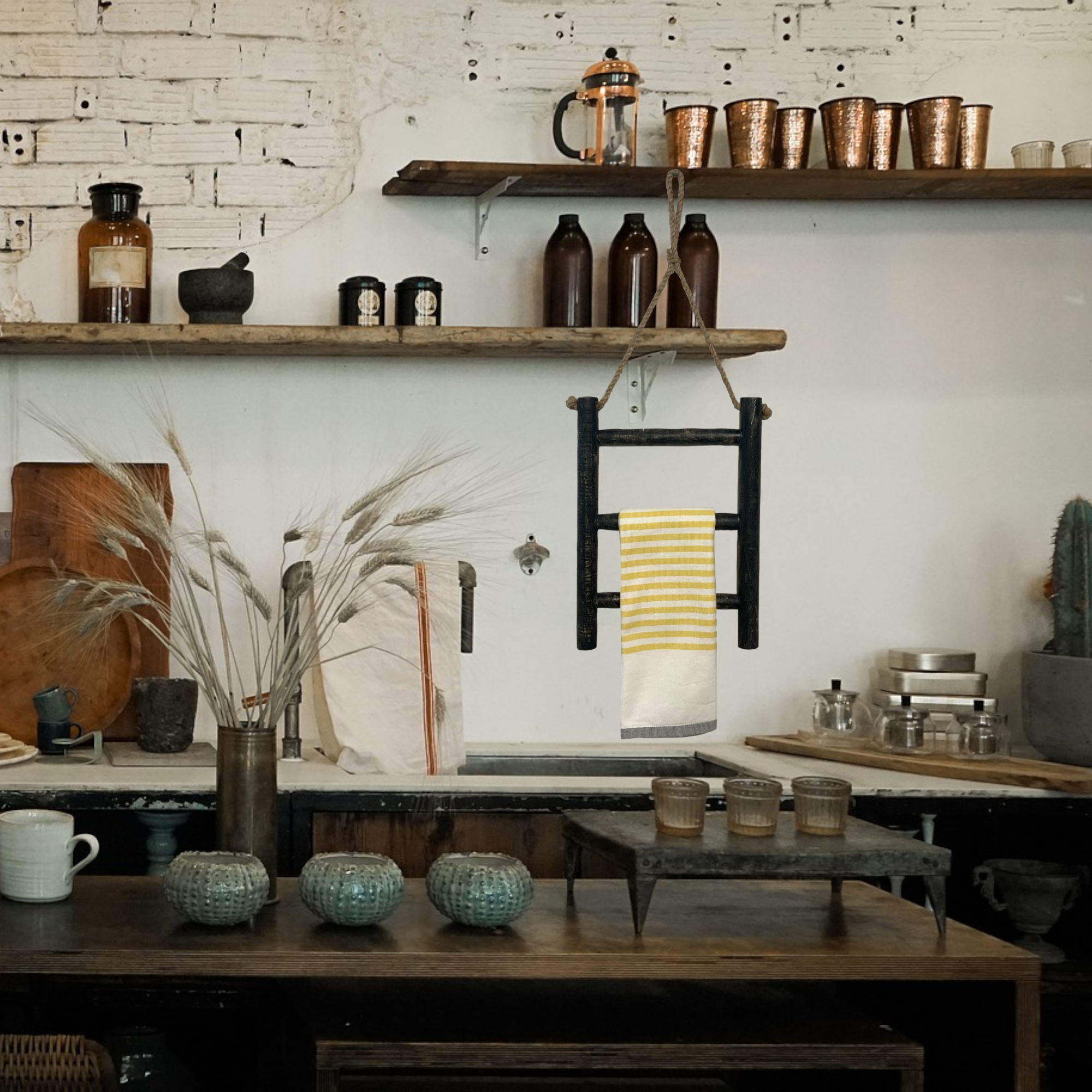 Wilco Home - Wholesale Tea Towel - Tea Towel 3-Rung Wall Ladder with Rope Hanger11