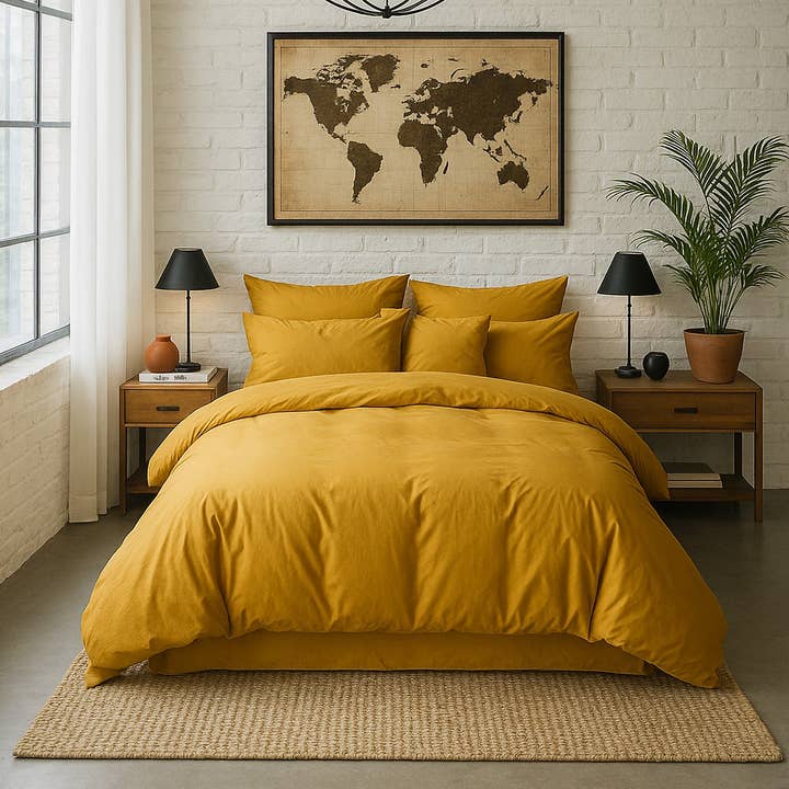 Duvet Cover 240x220 100% Washed Cotton Percale 80 threads/cm² - Bottle Finish 40cm - Mustard Yellow for wholesale on Faire0