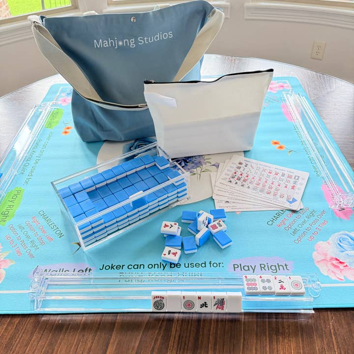 Blue Mahjong Tiles Bundle – American Mahjong 166 Tiles, Studio Tiles Clear Racks Teal Mat for wholesale by Mahjong Studios