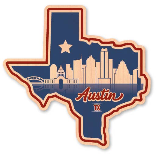 Mini Wood Sticker - Texas Austin w/ Skyline in State Shape for wholesale by Morris Magnets