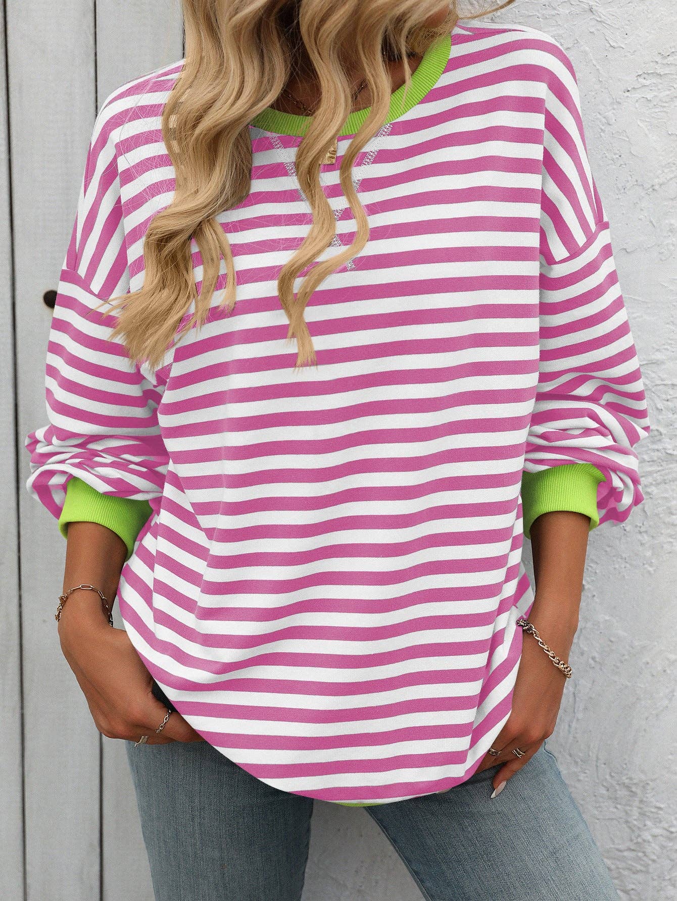 Lovesoft - Wholesale Sweatshirt - Women's - Women Color Striped Crew Neck Loose Sweatshirt Sweater7