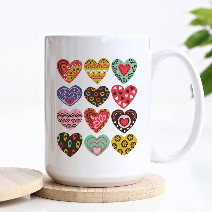 Patchwork Hearts Boho Retro Valentine's Day Ceramic Mug for wholesale by Heart & Willow Prints