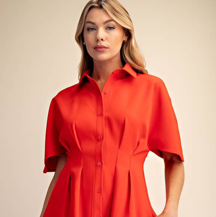 Glam - Wholesale Dress - Women's - Short-Sleeve Pleated Shirt Mini Dress14
