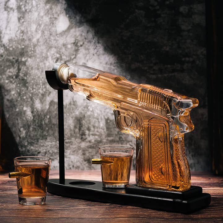 The Wine Savant / Khen Glassware – wholesale Decanter – Pistol Gun Decanter Set + 2 Bullet shot Glasses & Wood Stand