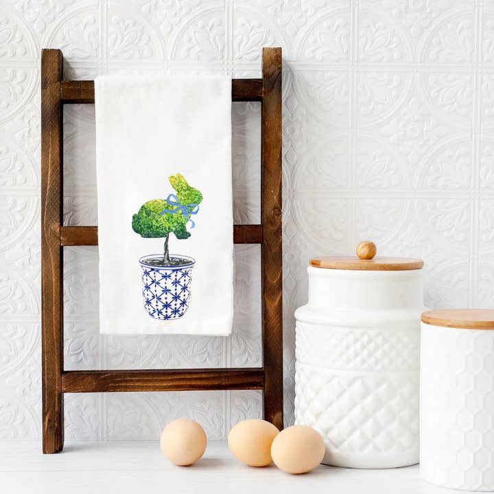 Topiary Bunny Tea Towel for wholesale by Shells Primitives/No Place Like Home