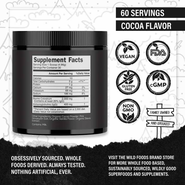 Wild Foods - Wholesale Protein/Superfood Powder - Wholesale Case of 6 - Wild Colostrum Powder, Grass-fed, Chocolate 5.22oz