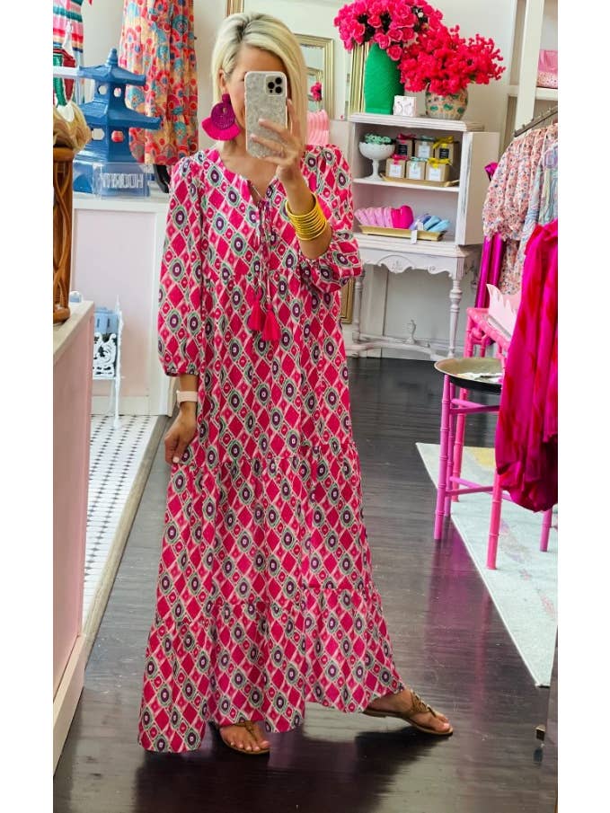 Cezele - Wholesale Dress - Women's - 3/4 Lantern Sleeve Print Boho Maxi Dress25