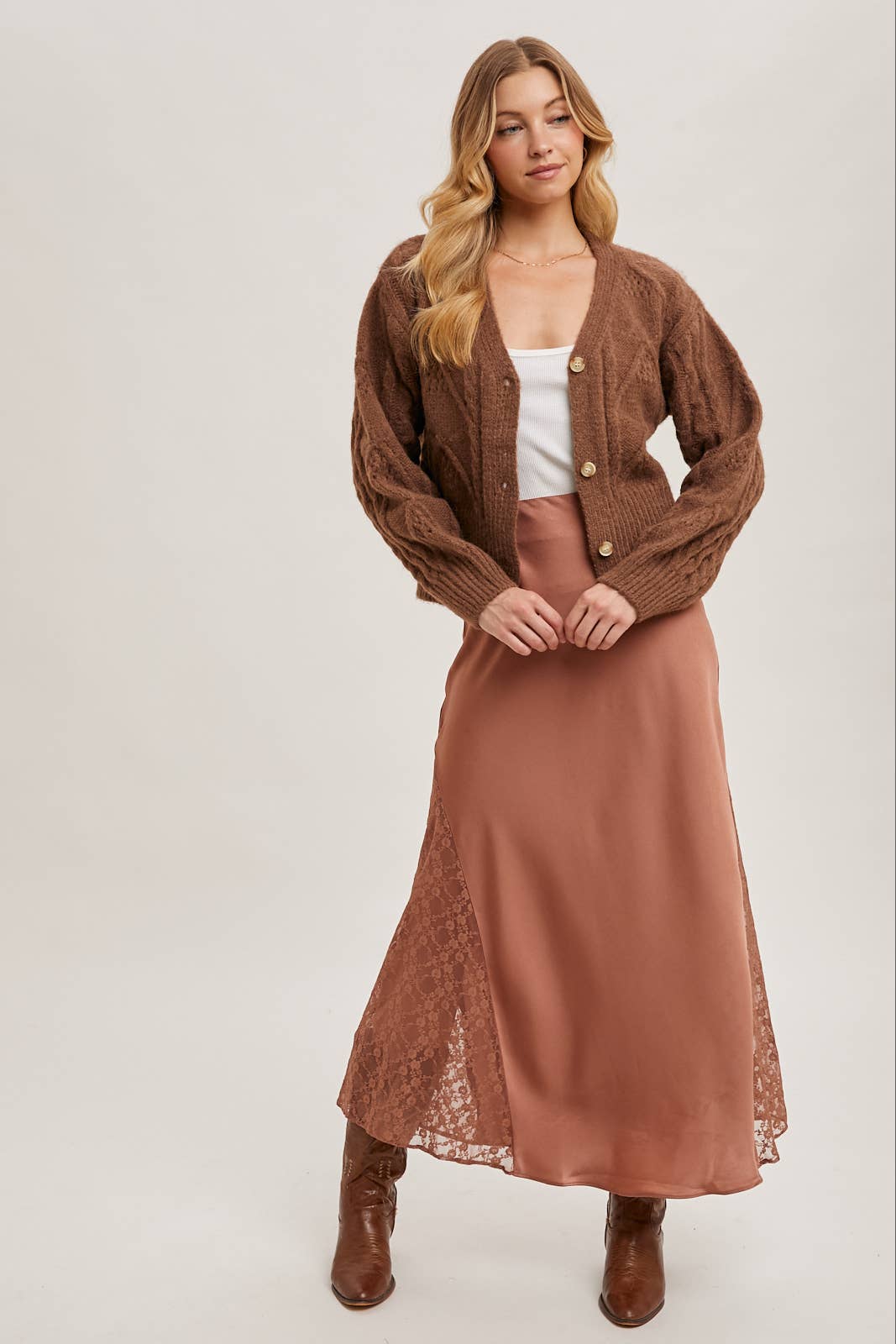 Bluivy - Vente Jupe – femme - Jupe midi en satin taille mi-haute avec bordure en dentelle11